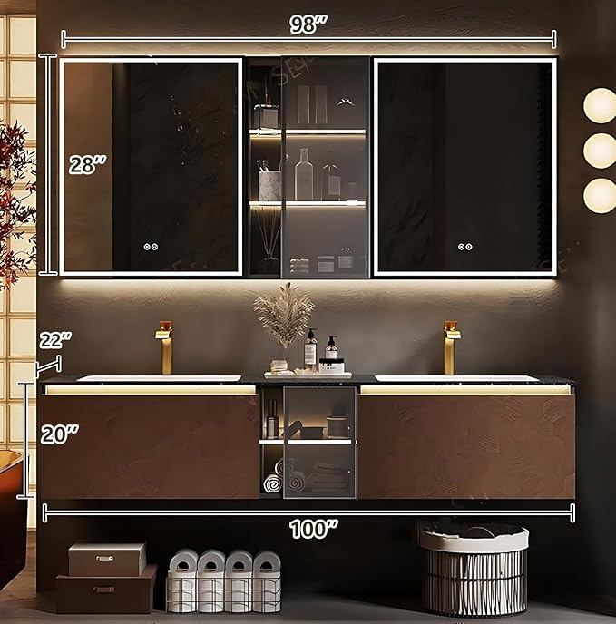 100" Double Bathroom Sink Vanity, Modern Bathroom Vanity Includes LED Smart Defogging Mirror Cabinet & Semi-Open Storage & Ceramic Basin, Floating Bathroom Cabinet with Sensor Light (Dark Brown)