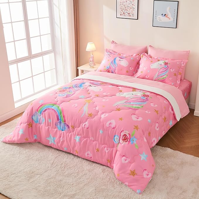 Wajade Pink Unicorn Comforter Set for Girls 7 Piece Cute Cartoon Bedding Set for Kids Full Size as Birthday Gift with Comforter, Sheet Set, Pillowcase and Sham