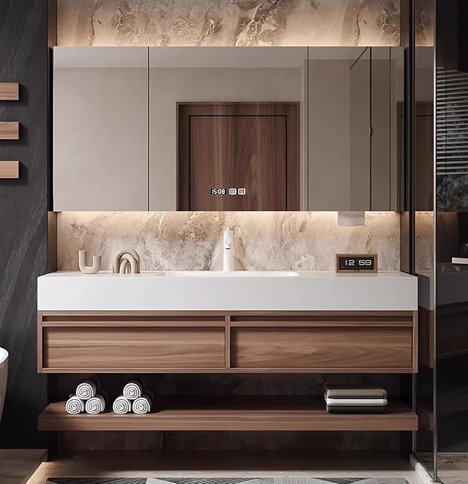 72" Bathroom Vanity, Floating Bathroom Vanity with Sink, Solid Wood Vanities with Smart Defogging Mirror Cabinet, Slate Countertop and Faucet, Wall Mount Bath Furniture Cabinet with Drawers (Walnut)
