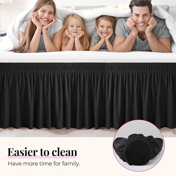 RIMELA Bed Skirting Queen Size Black Bed Skirt 12 Inch Drop, Wrap Around Elastic Adjustable Bedskirt, Dust Ruffle for Bed Frame & Box Spring Soft Durable Fabric Machine Washable Easy to Install