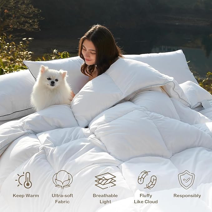 DWR Luxury Down Feather Fibers Comforter California King, Hotel Collection Duvet Insert, Ultra Soft Cotton Blend Cover, High Fill-Power 57oz Medium Warm for All Season(104x96 Inches, White)