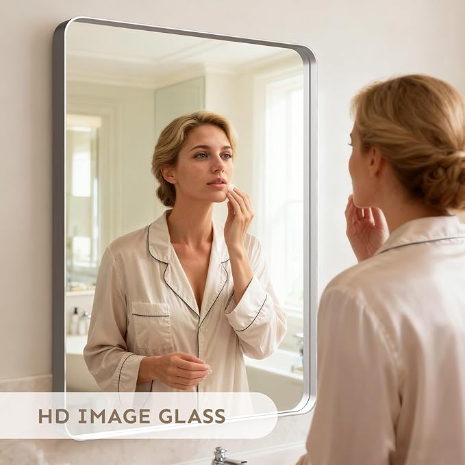 36x24"Bathroom Vanity Mirror for Wall, Aluminum Framed, Farmhouse Rectangle, Anti-Rust, HD Reflection Anti-Desilvering, Distortion Free, Tempered and Shatter-Proof Wall Mounted Mirror, Silver