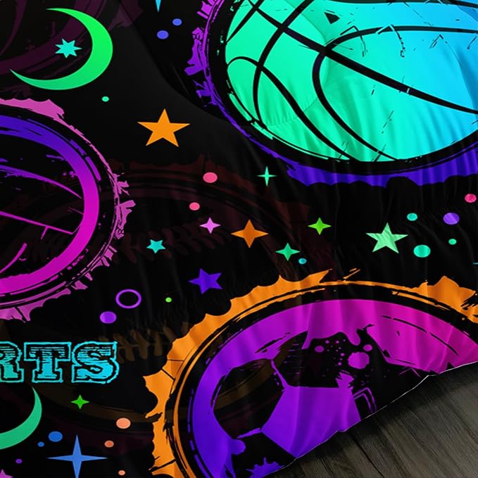 Ball Games Bedding Basketball Football Baseball Queen Comforter Set,Colorful Neon Stars and Moon Bedding Set for Kids Girls Boys Room Decor,Sports Aesthetic Bedding Sets with 2 Pillowcases.