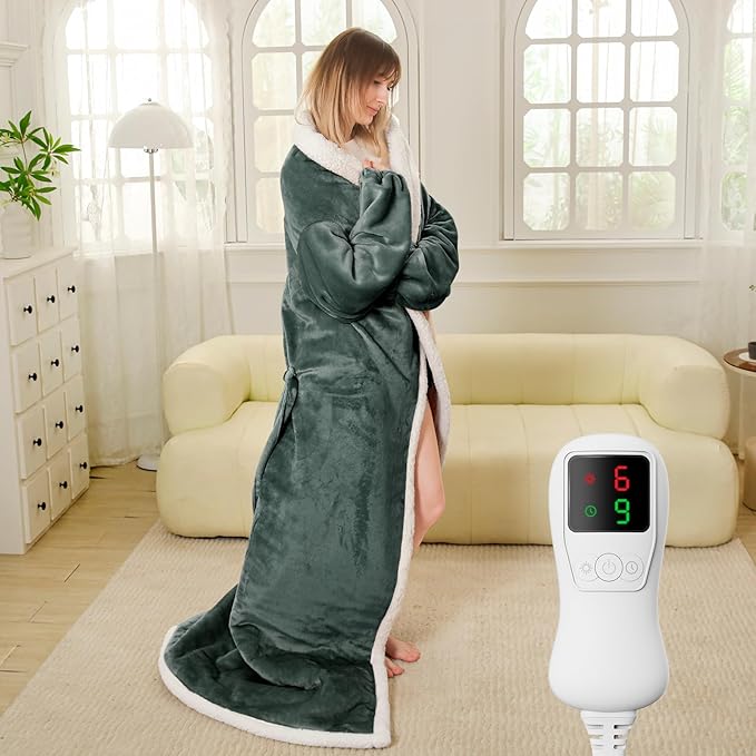 Electric Heated Blanket Throw Size with Foot Pockets & Sleeves, Wearable Washable Blanket Warmer for Home & Office, Cozy Soft Flannel 50" x 70", 9 Heat Levels, 1-9H Auto-Off, ETL Certified, Grey