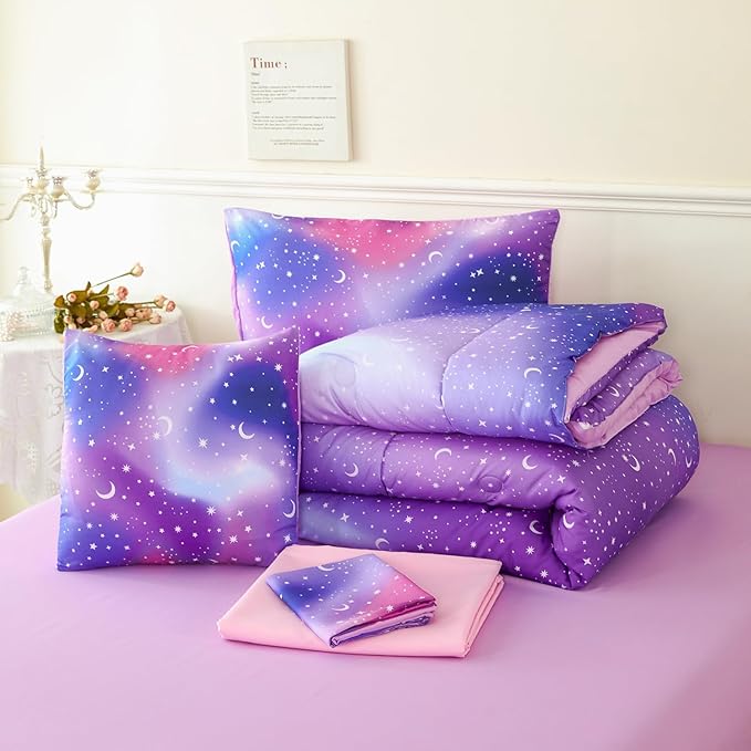 URBONUR 6Pcs Twin Comforter Set for Girls Colorful Pink Purple Blue Gradient Galaxy Printed Bedding Set Kids Teen Bed in A Bag