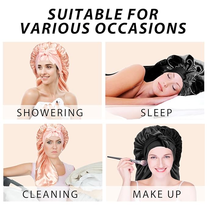 2Pcs Bonnets for Black Women Braid Bonnet, Large Long Satin Bonnet for Braids, Silk Bonnet with Stretchy Tie Band Sleep Cap Hair (Black&Champagne Gold)