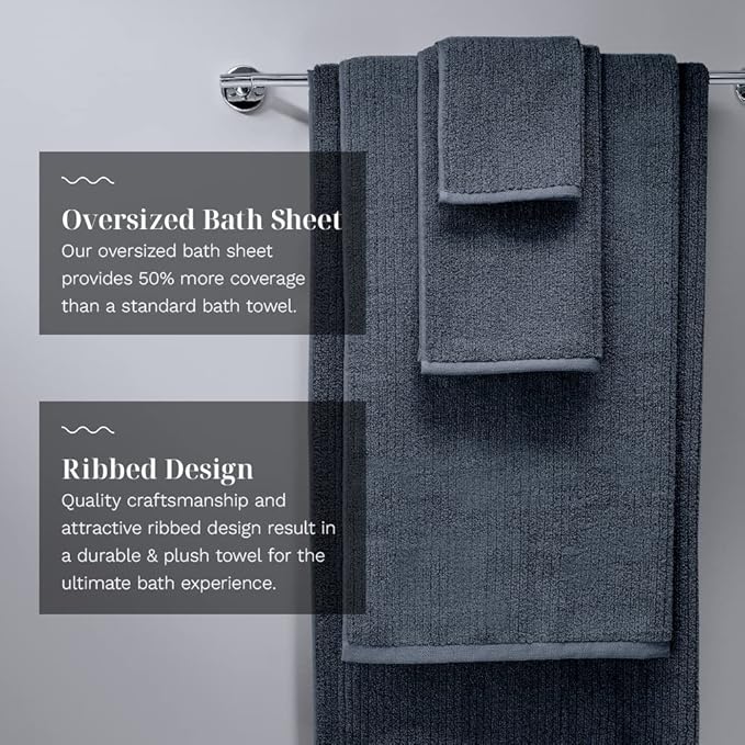LUXOME Luxury Performance 2-Piece Bath Sheet Set | Oversized for 50% More Coverage | Highly Absorbent | 36" W x 70" L | Fossil (Charcoal)