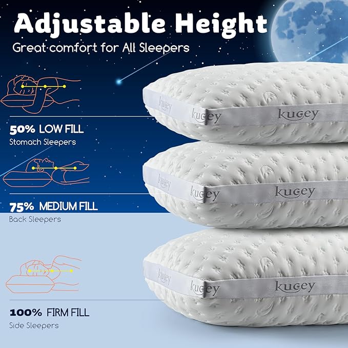 Luxury Cooling Side Sleeper Pillow for Neck and Shoulder Pain, Medium Firm Bed Pillows Queen Size Set of 1 Luxury Shredded Memory Foam for Sleeping Adjustable Washable Cover Crescent White
