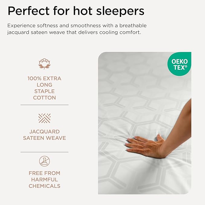Threadmill 100% Cotton Sheets for Queen Size Bed - 600 Thread Count Queen Bed Sheets Set with 16” Deep Pocket - Jacquard Sateen Weave 4-Piece Bedding Set with Cooling Effect, Light Grey