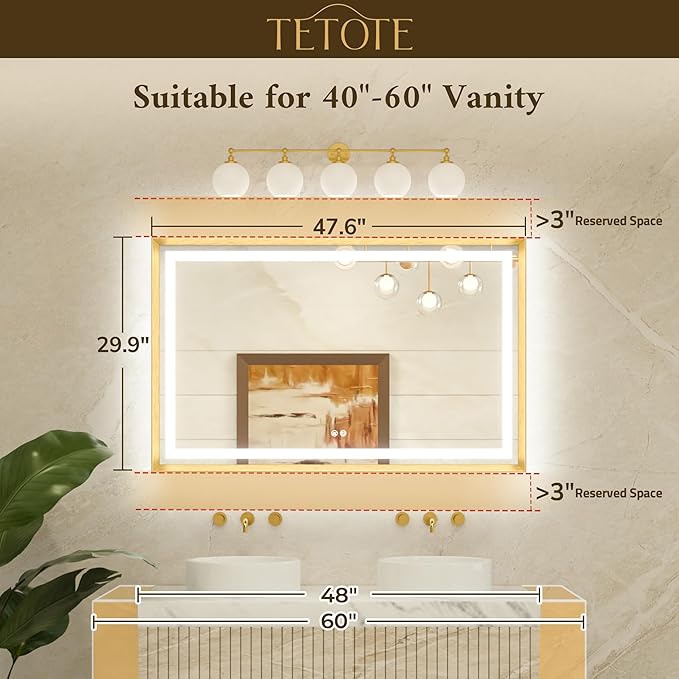 TETOTE 48 x 30 Large Bathroom Mirror Brushed Black Metal Frame Frontlit & Backlit Vanity Mirror 3 Colors White/Warm/Natural Stepless Dimmable Anti-Fog Bathroom Mirrors for Vanity Wall-Mounted
