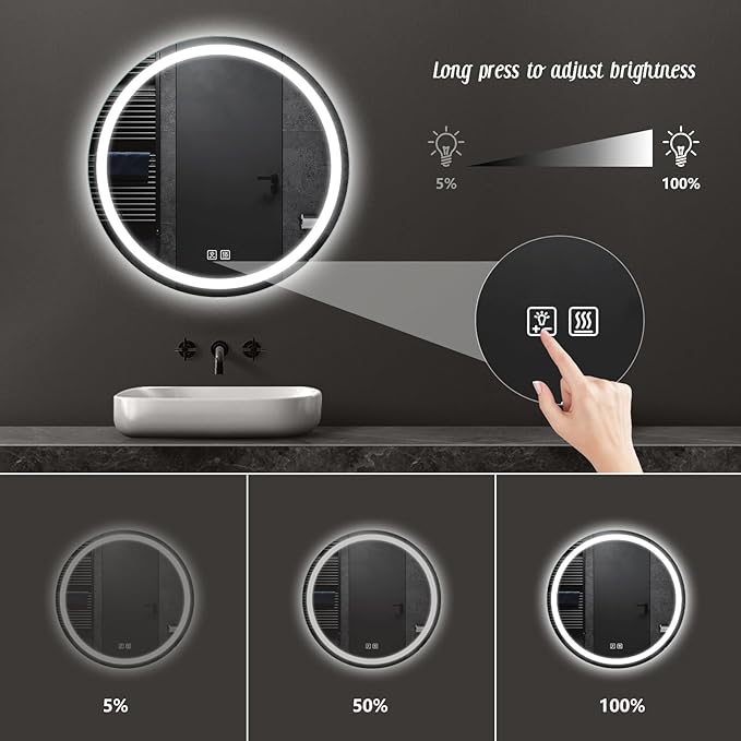 APRILSOUL 24 Inch Round LED Bathroom Mirror with Lights, Makeup Mirror with Front and Backlit, Anti-Fog, 3 Colors and Dimmable Light