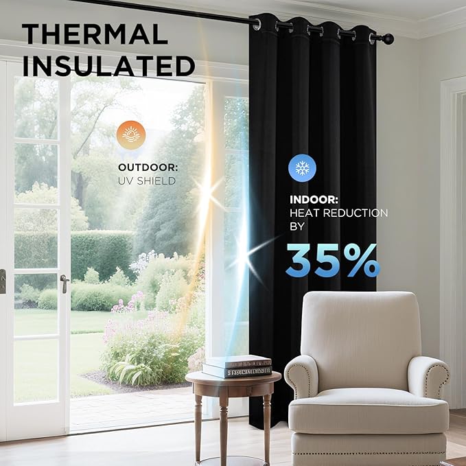 Joydeco Blackout Curtains 95 Inches Long 1 Panel, Thermal Insulated Long Curtains& Drapes 1 Piece, Room Darkening Grommet Drapes for Living Room Bedroom Window (W70 x L95 Inch, Black)