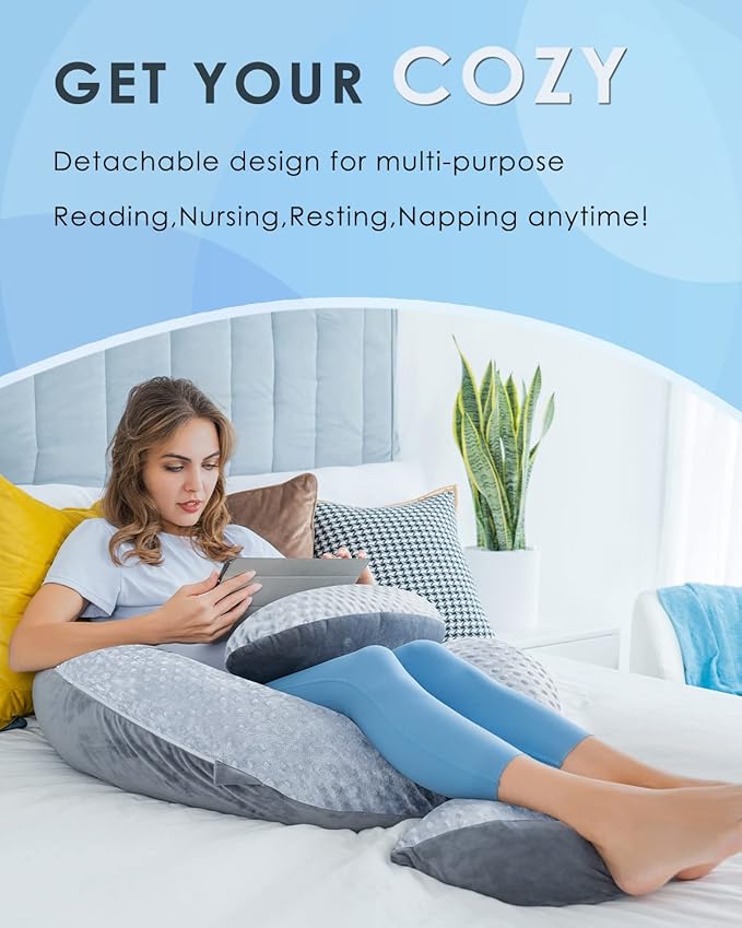 QUEEN ROSE Pregnancy Pillows, E Shaped Full Body Pillow for Sleeping, with Pregnancy Wedge Pillow for Belly Support, 60 Inch Maternity Pillow for Side Sleeper, Grey Velvet