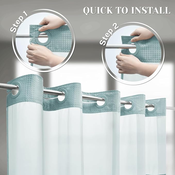 No Hook Shower Curtain with Snap in Liner Set Waffle Shower Curtain for Bathroom Hotel Style Fabric Waterproof Inner Liner，71" W x 74" H, Teal