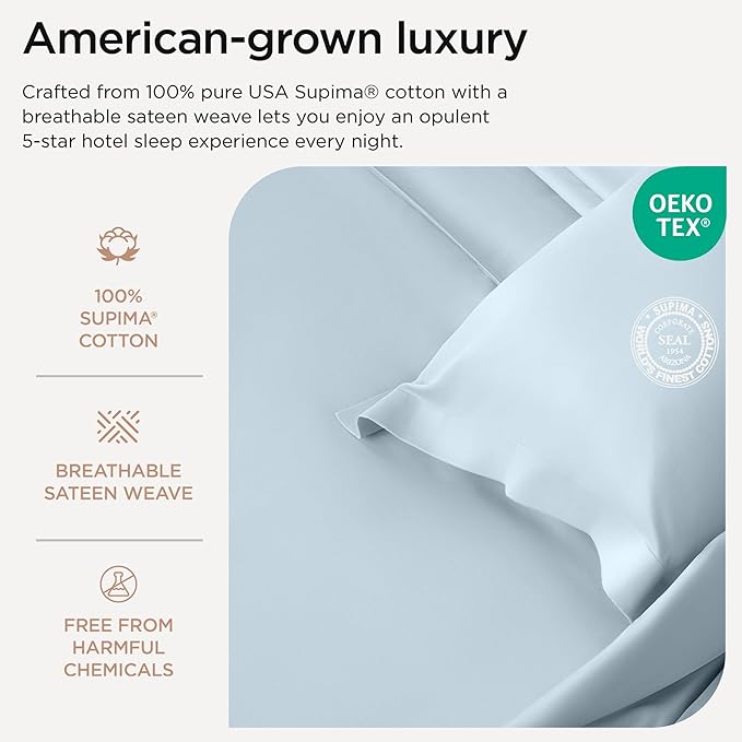 Threadmill Luxury Full Size Sheets for Full Size Mattress, 1000 Thread Count Supima Cotton Sheets for Full Mattress, 5-Star Hotel Quality 4 Piece Bed Sheets with Extra Deep Pocket, Light Blue