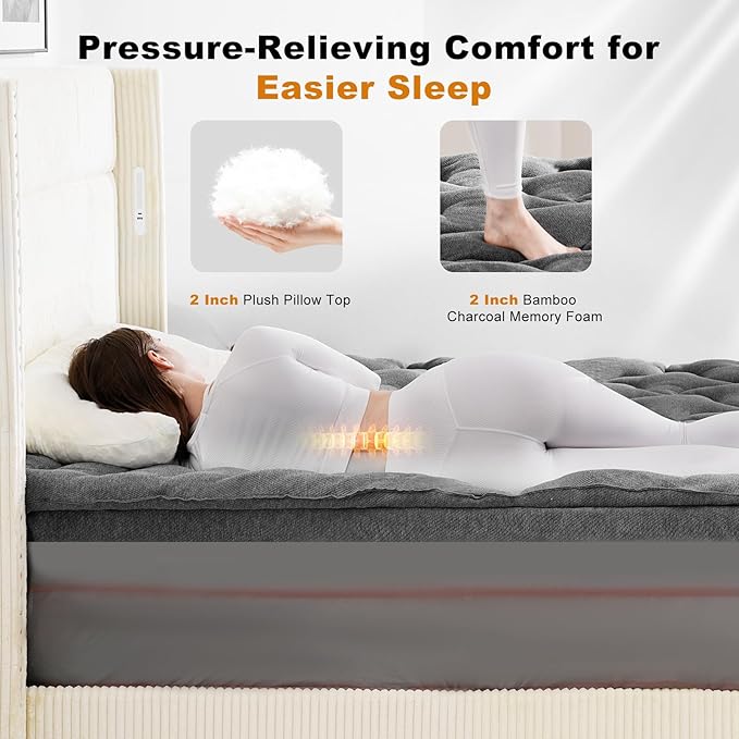 Dual Layer 4 Inch Bamboo Memory Foam Mattress Topper Twin XL Size, 2 Inch Thick Soft Quilted Pillow Top Cover Plus 2 Inch Charcoal Gel Memory Foam Mattress Pad for Back Pain Relief