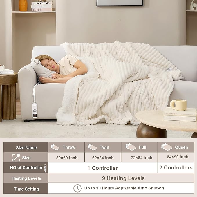 Hansleep Heated Blanket Electric Blanket Full Size, Heating Blanket with 9 Heating Levels and 10-Hour Timer Auto Shut Off, Washable Soft Warm Winter Blanket, 72 x 84 Inches, Beige