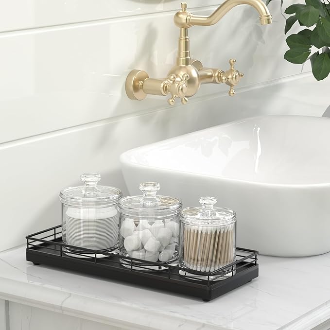 Bathroom Tray for Counter, Oak Wood 11" L Small Vanity Tray for Dresser Tops Perfume Jewelry Makeup Candle Soap Sponge Holder for Kitchen Countertop Organizer Coffee Table Decor Bar Black