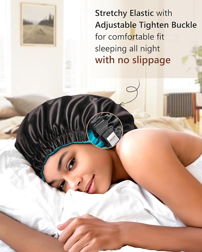 mikimini Satin Bonnet Pack of 2 for Men and Women, Reversible Double Layer Sleeping Silk Bonnet for Curly Hair Braids with Anti-Slip Adjustable Widened Elastic Band Super Large Soft (XL, Black/Blue)