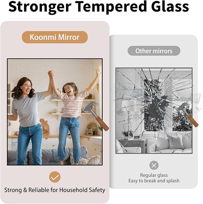 Koonmi Black Framed Bathroom Mirror - Shatterproof 24"x48" Tempered Glass, HD No Distortion, Horizontal/Vertical Mount, Modern Matte Aluminum Alloy Frame