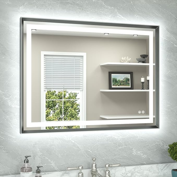 TETOTE 40 x 30 Bathroom LED Mirror Brushed Gunmetal Gray Frame Frontlit & Backlit Vanity Mirror Anti-Fog Stepless Dimmable 3 Colors White/Warm/Natural Wall-Mounted