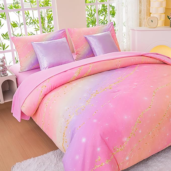 Rainbow Bedding Set Full Size – 7 Piece Reversible Girls Comforter with Deep-Pocket Sheet, Gradient Galaxy Design, Whole-Piece Filling, Machine Washable Bed-in-a-Bag for Kids Room Makeover & Gifts
