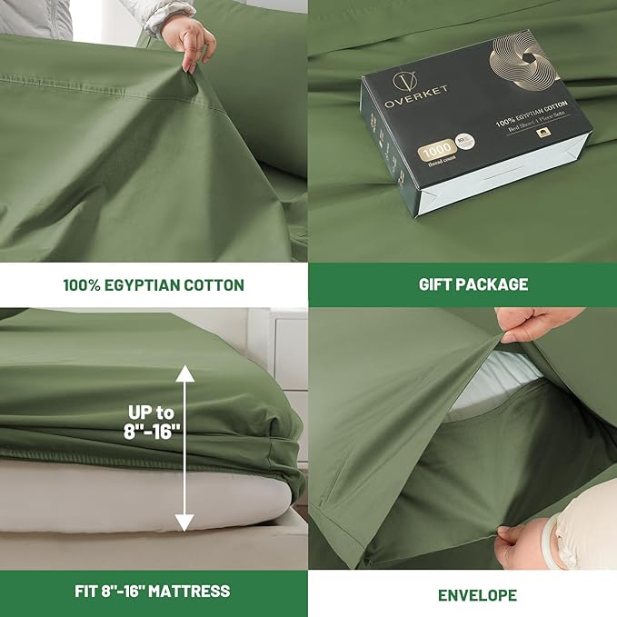 1000 Thread Count Egyptian Cotton Sheets Queen Size Set Sateen Weave Soft Breathable 16-Inch Deep Pocket 4PCS（Queen,Olive Green）