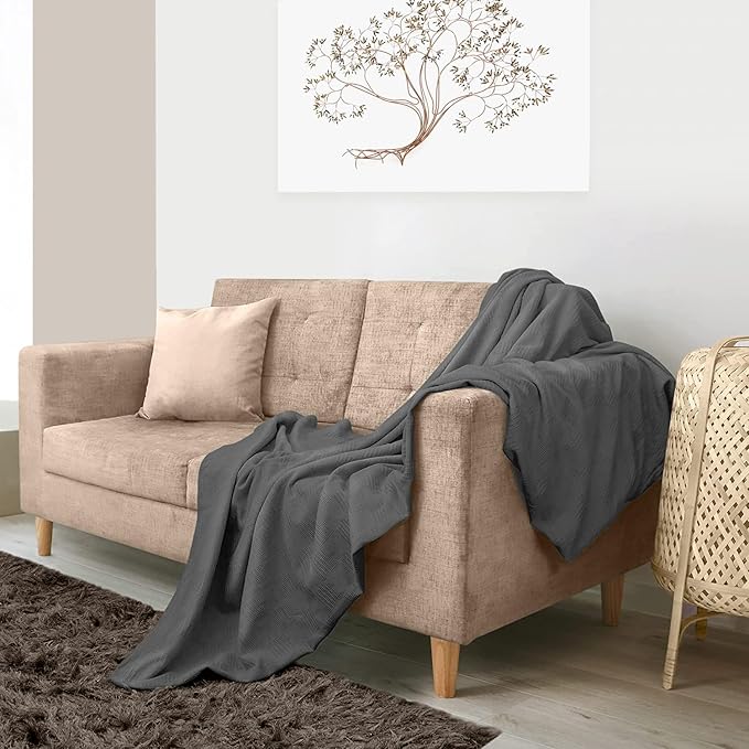 Avalon Bedding 100% Cotton Blankets Queen Size Thermal Blanket (90"x90") - Perfect Cotton Blanket Queen Size for Layering Bed in Any Season - Cotton Blankets for Bed (Grey)