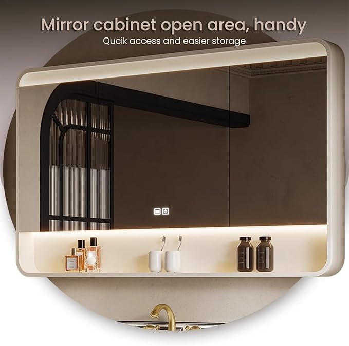 Floating Bathroom Vanity with Sink, Modern Bathroom Vanity with LED Smart Defogging Mirror Cabinet and Open Shelf, Bathroom Sink Cabinet with Striped Glass Door and Drawer Storage (Milk White,56IN)