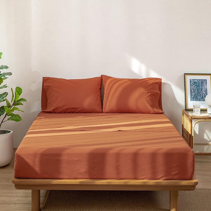 MooMee Bedding Sheet Set 100% Washed Cotton Linen Like Textured Breathable Durable Soft Comfy (Solid Rust Brown, Full)
