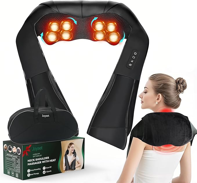 Joyset Shiatsu Neck and Back Massager with Heat,Shoulder Massager for Pain Relief Deep Tissue, 3D Kneading Massage with Cloth Cover,Carry Bag,Best Gifts for Men Women Parents