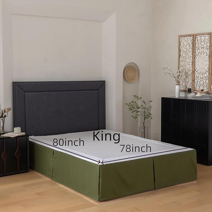 King Bed Skirt, Wrap Around Bed Skirt with Pleated Corner, 18 Inch Drop Pleated Waffle Weave Bedskirts, Anti-Slip, Microfiber, Green, 18'' King