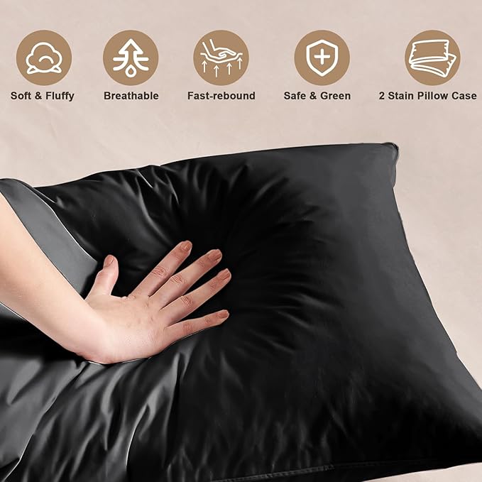BHZ Satin Goose Down Feather Pillows Queen Size Set of 2 with Black Satin Pillowcase for Hair and Skin, Cooling Pillow Cases Similar to Silk Pillow Cases, Decorative for Women, Mom Men