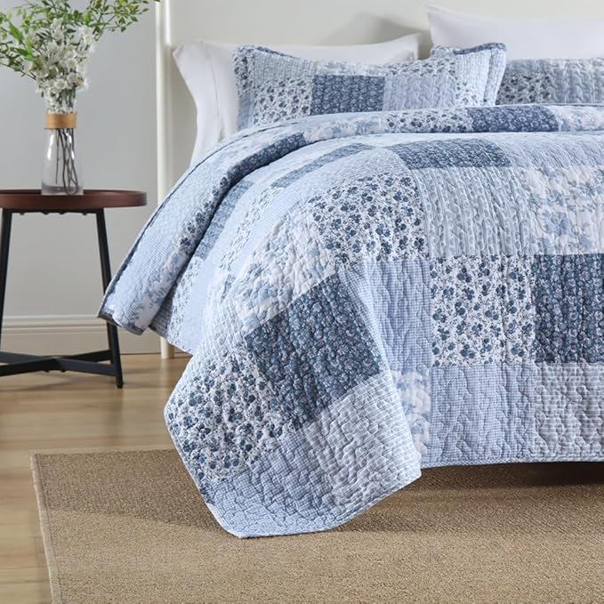 ENASAL Cotton Bedspread Quilt Bedding Sets Reversible Coverlet Sets Comforters Rustic Floral White Blue Patchwork Pattern Bedspread for All Season, Queen Size