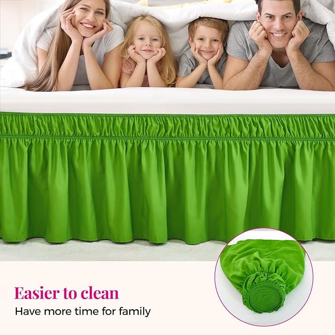 RIMELA Green Bed Skirt King Size 18 Inch Drop, Elastic Bed Skirting for Bed Base and Frame, Bedding Dust Ruffle Easy to Install, Lightweight Wrap Around Adjustable Bedskirt
