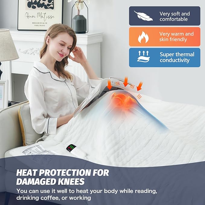 greenoak Heated Electric Blanket Throw, Faux Fur Sherpa Heating Blanket for Sofa Bed, Warm Winter Gifts for Women/Men, Heater Lap Blankets 5-Position Timer &10 Heating Levels 50''*60" Whtie