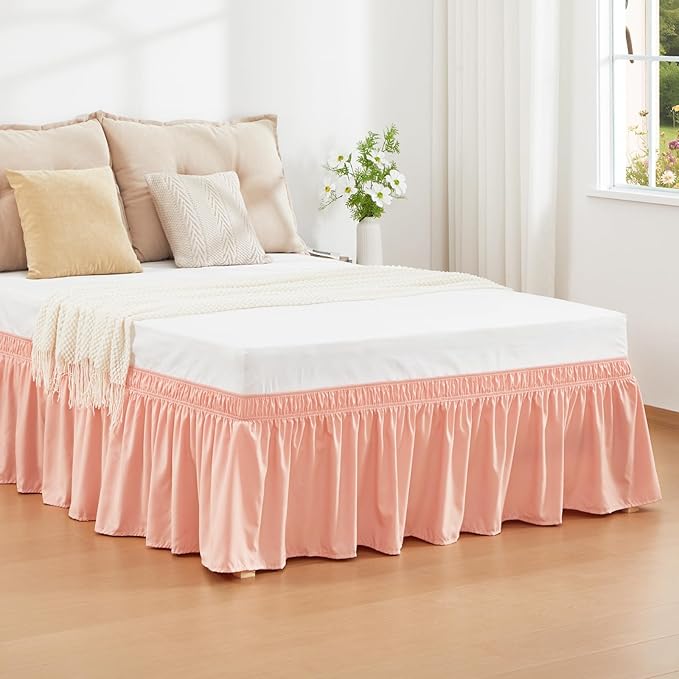 RIMELA Peachy Coral Bed Skirt King Size 18 Inch Drop, Wrap Around Elastic Bedskirt, Dust Ruffle for Adjustable Bed Base Machine Washable Easy to Install Bed Skirts