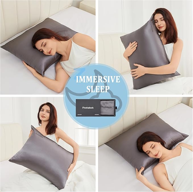 100% Mulberry Silk Pillowcases with Zipper– Luxurious, Anti-Aging Pillow Covers, 22 Momme 6A Grade Silk Pillow Cases 2 Pack for Hair and Skin Care (Dark Grey, Queen (U.S. Standard))
