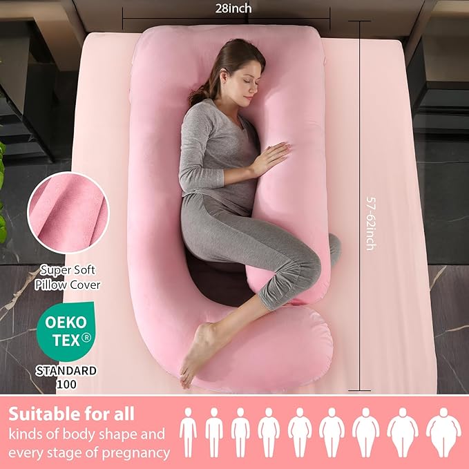 BATTOP Pregnancy Pillows for Sleeping- Ultra Soft Full Body Maternity Pillow, U-Shaped Pregnancy Pillow for Side Sleepers with Removable Cover, Supports Back, HIPS, Belly & Legs (Pale Pink)