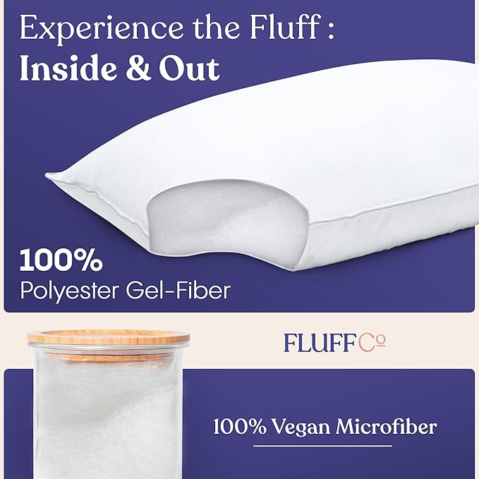 FluffCo Down Alternative Pillows Standard/Queen Size Set of 2 - Queen Bed Pillows for Sleeping - Made in USA - Cooling Surface and Machine Washable for Side, Back, and Stomach Sleepers - Gift for Home