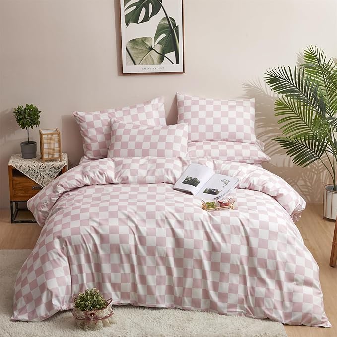 KAREVER Pink White Grid Comforter Set Cal King Pink Plaid Bedding Set Women Pink White Checkered Bed Blanket Set Men Durable Breathable Bedding Comforter Set