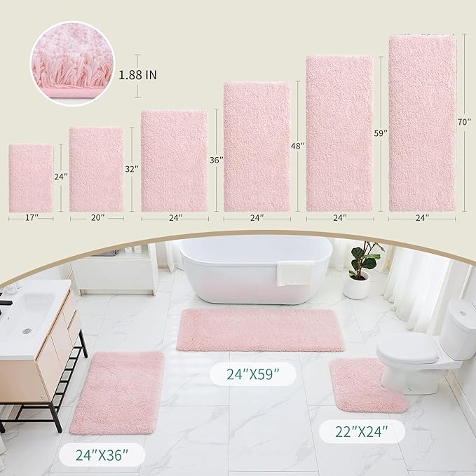 Bathroom Runner Rug 24x59 Pink Non Slip Fluffy Long Bath Mat for Bathroom Floor Washable Plush Luxury Bath Rug for Tub Absorbent Shower Sink Mat Bedside Rug