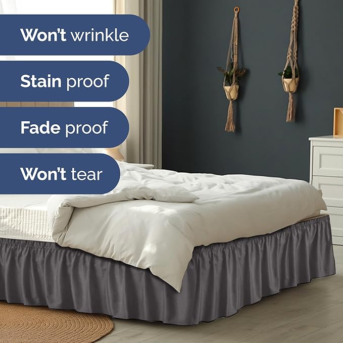 Wrap Around Dust Ruffle Bed Skirt - Dark Grey - Twin/Twin XL Size Beds with 21 Inch Drop - Elastic Strap - Adjustable Pleated Bedskirt with Brushed Fabric and Wrinkle Free - Women, Men, Kids & Teens