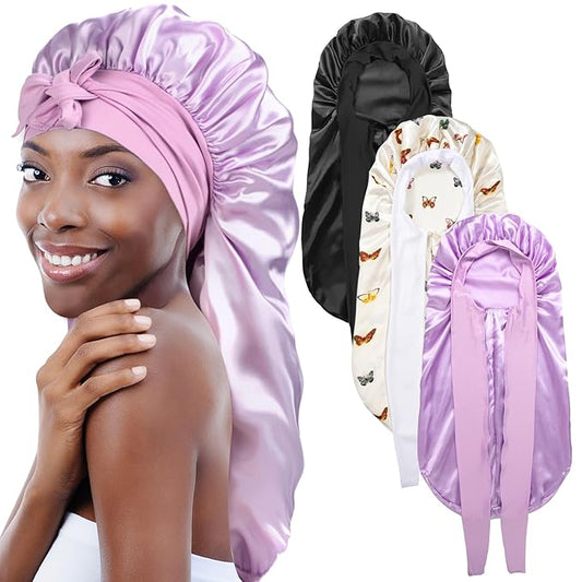 3Pcs Bonnets for Black Women Braid Bonnet, Large Long Satin Bonnet for Braids, Black Women Satin Silk Bonnet with Stretchy Tie Band Sleep Bonnet Cap for Long Curly Hair (Black&Silver Pattern&Purple)