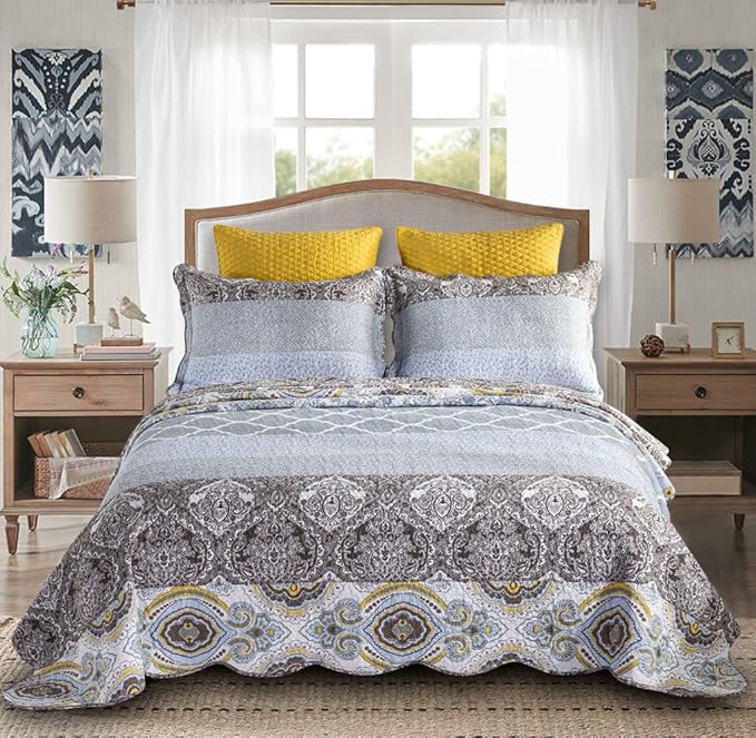 YAYIDAY Quilts Queen Size Patchwork Bedspread Set - 100% Cotton Reversible Breathable Grey Quilted Quilt with Pillow Shams Fit All Seasons