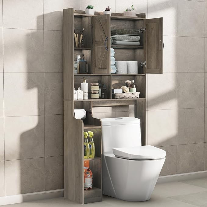Over The Toilet Storage Cabinet with Barn Doors, Rustic Bathroom Organizer, Space-Saving Shelf for Laundry, Grey