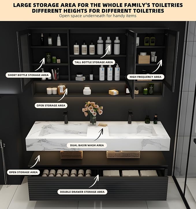 Double Bathroom Vanity with Sink, Oak Wood Bathroom Vanities with LED Smart Defogging Mirror Cabinet and Floating Open Shelf, Modern Bathroom Vanity with Rock Countertop & Faucet (Black,84")