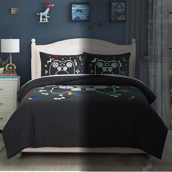 Full Size Comforter Set for Boys-7 Pieces Gamer Glow in The Dark Full Bedding Sets for Kids, Ultra Soft Bed in A Bag with Sheets