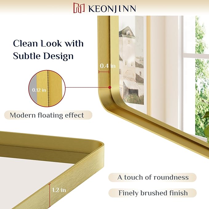 Keonjinn Gold Bathroom Mirrors for Wall 42” x 20” Large Rounded Rectangle Gold Vanity Mirror, Brushed Brass Mirror with Metal Frame, HD Tempered Glass, Decorative Farmhouse Mirror(Horizontal/Vertical)