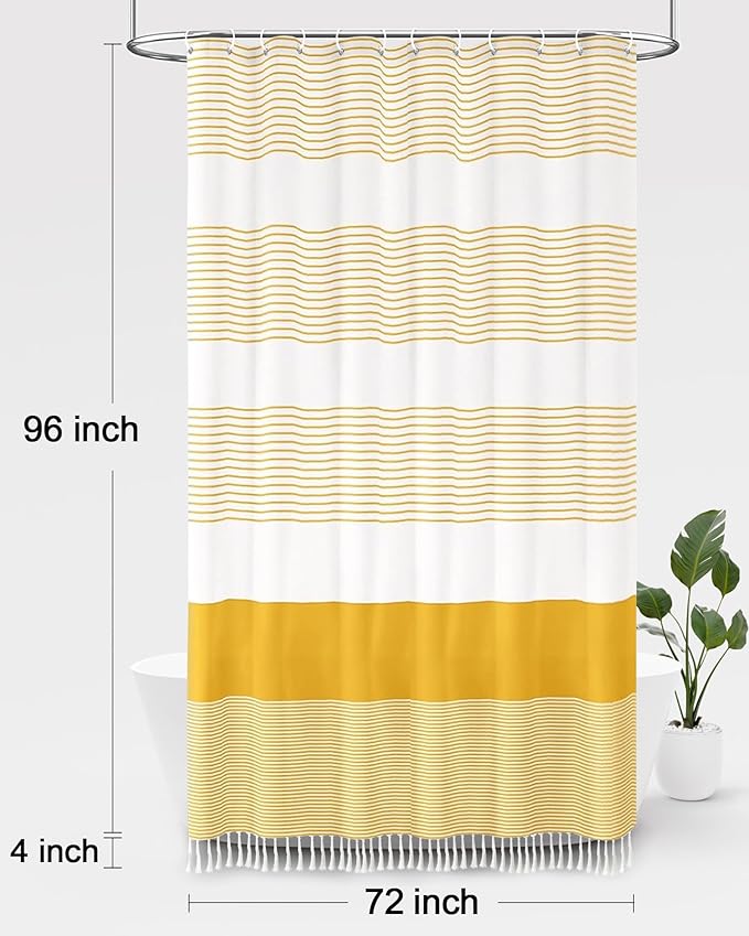Awellife Boho Yellow Shower Curtain for Bathroom Farmhouse Cotton Stripe Tassel Shower Curtain Natural Texture 96" L x 72" W